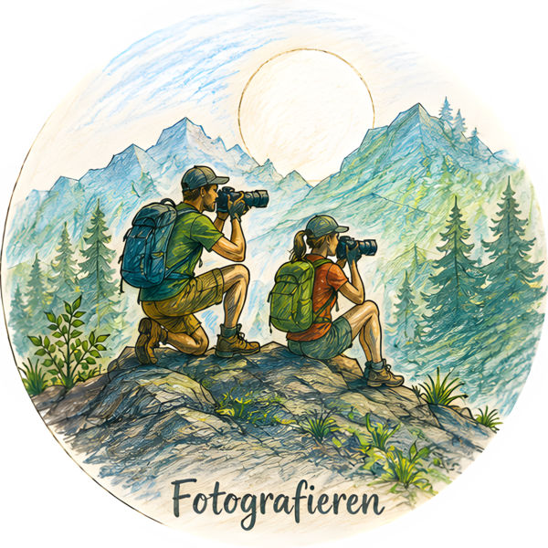 Skizze einer Person mit Kamera im Wald
