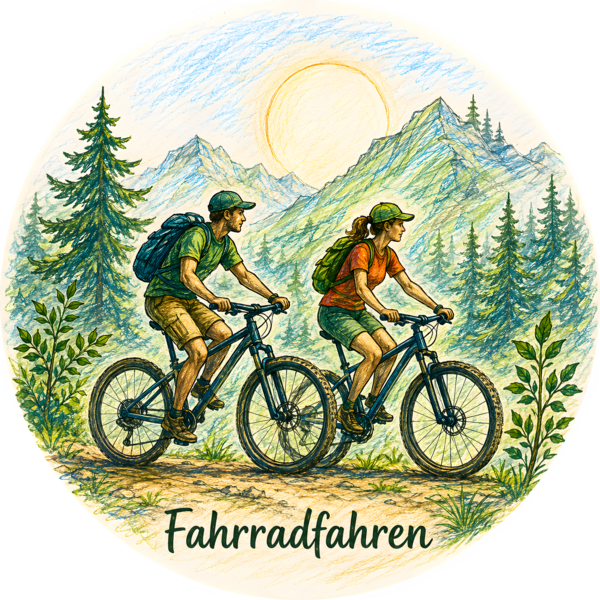 Skizze eines Radfahrers vor einer Berglandschaft