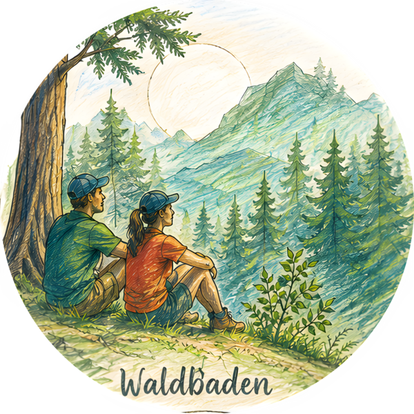 Skizze einer Person beim Waldbaden zwischen Tannen
