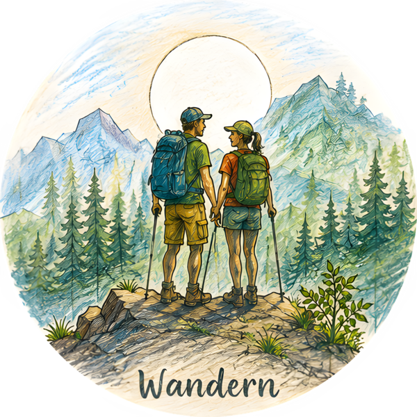 Skizze von zwei Wanderern in den Bergen